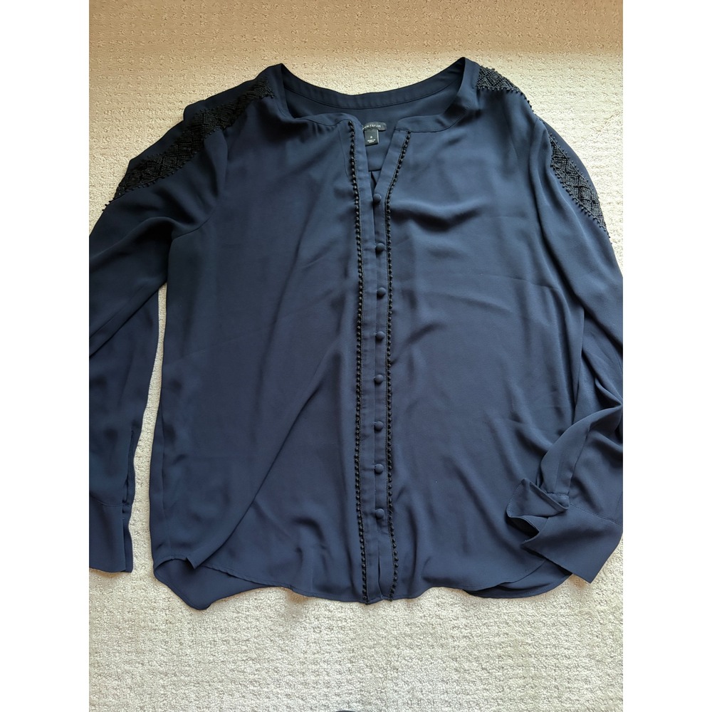 Ann Taylor Blouse Womens Medium Navy Blue Black Lace Trim Pom Pom Long Sleeve